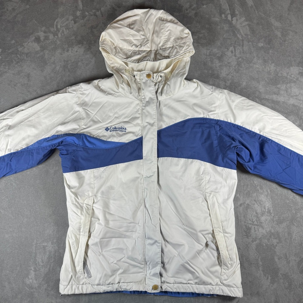 Columbia Womens M White Blue Hooded Insulated Fleece Lined Ski Jacket